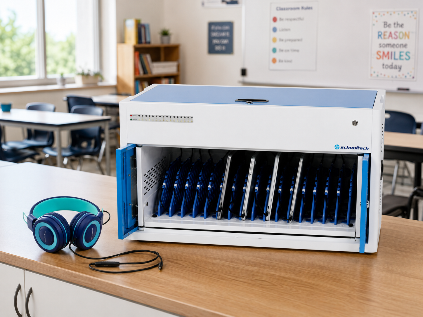 SchoolTech charging cabinet with devices and headphones in a UK classroom